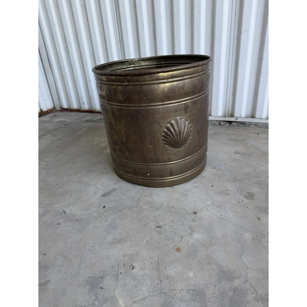 VTG Metal Waste Basket Trash Can Heavy Emboss Brass Shell Pattern Coastal Patina